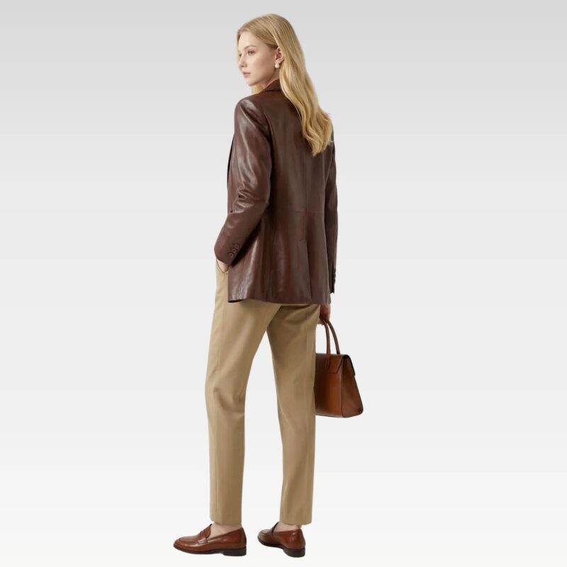 Side back view of women’s brown leather blazer with tailored fit