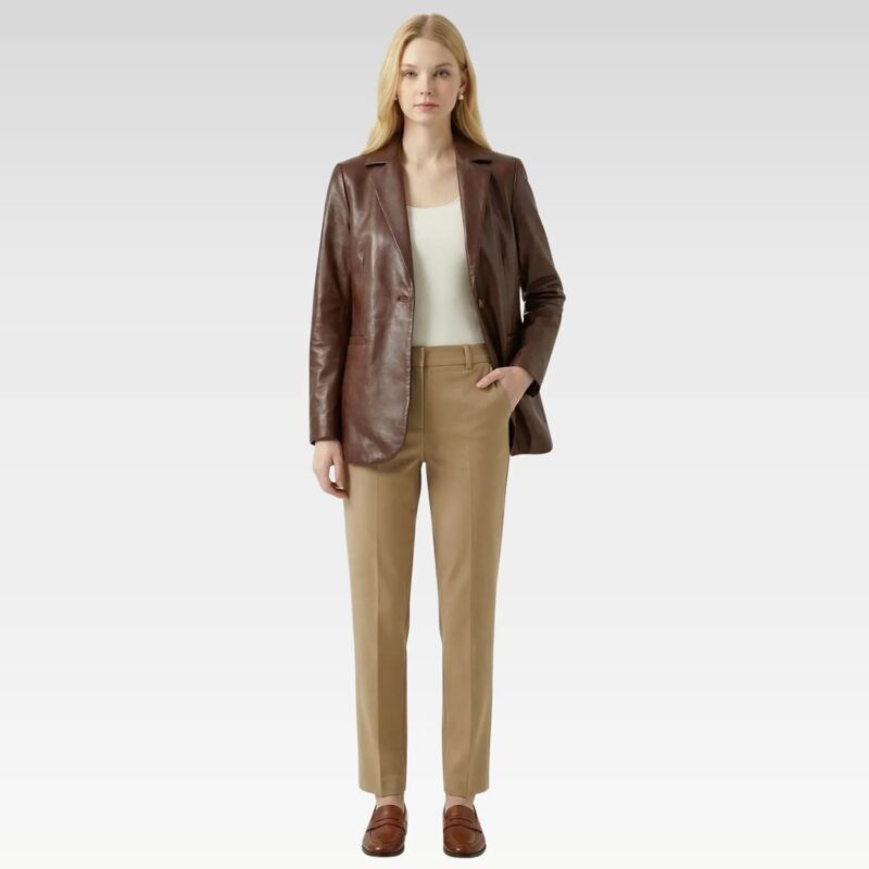 Women’s brown leather blazer styled with trousers full outfit look
